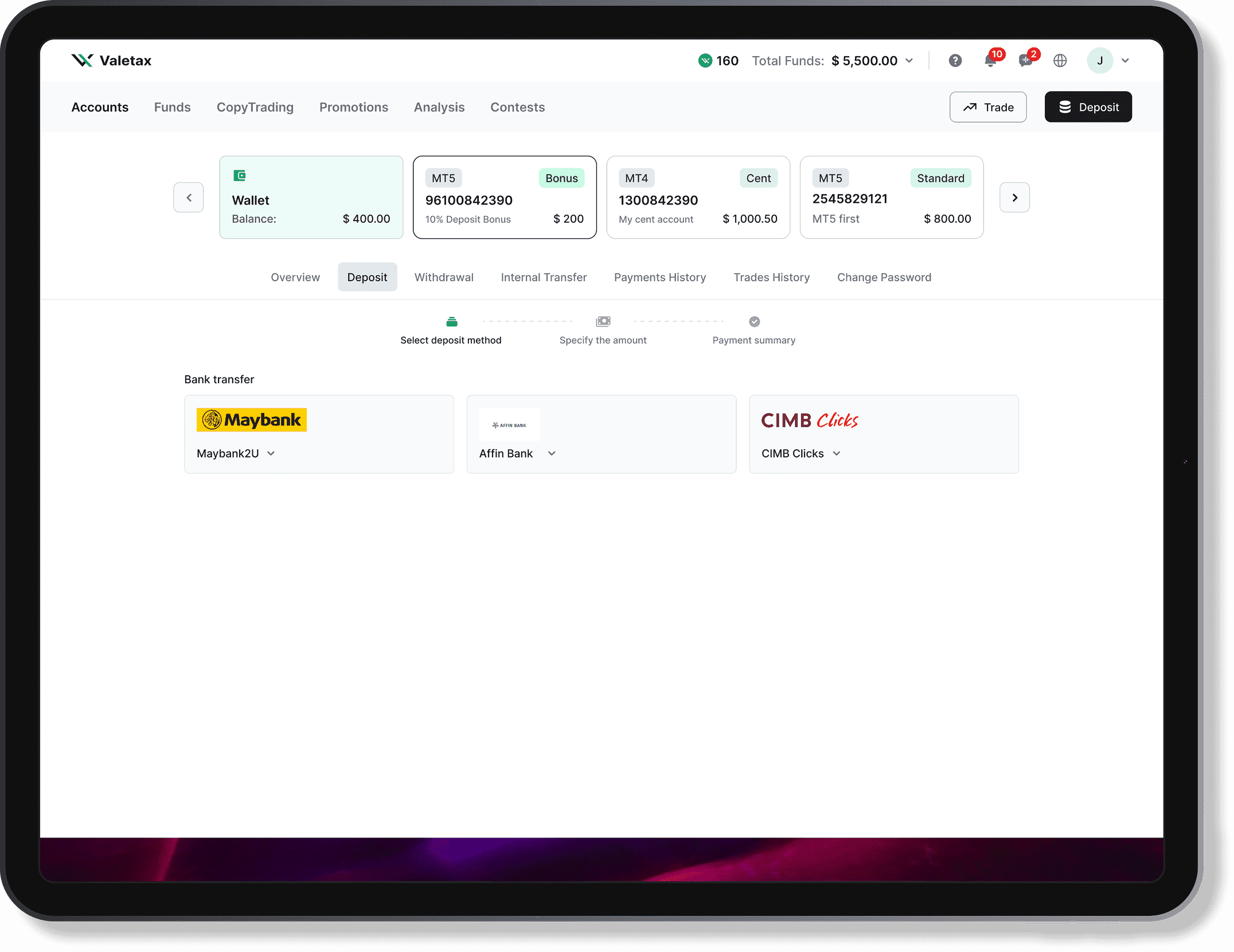 Trading platform screen